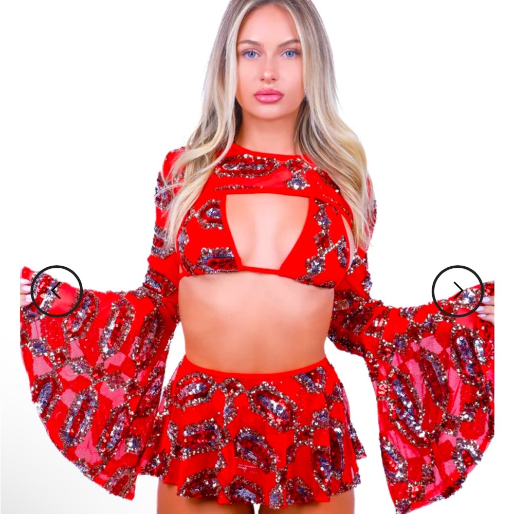 Red Sequin Cutout Crop Top with Bell Sleeves